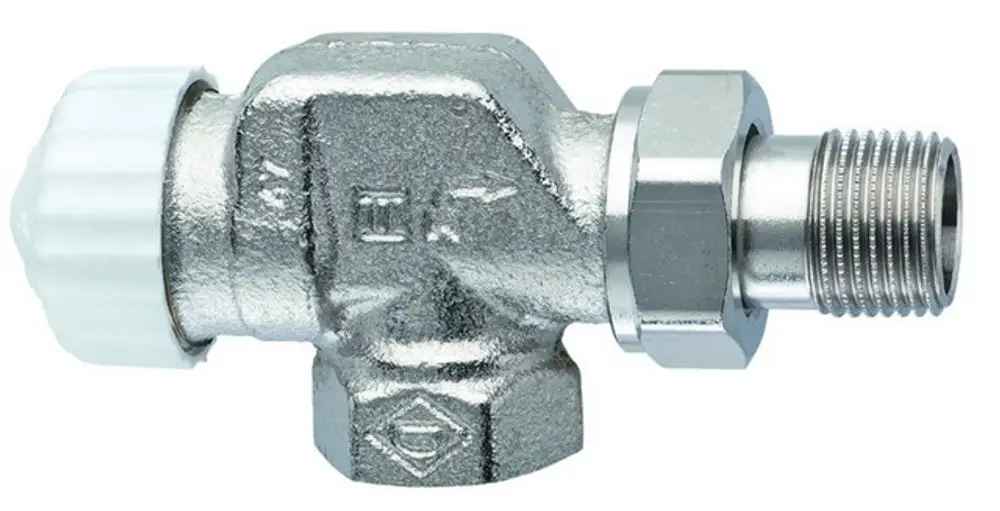 Thermostat-Ventilunterteil mit axialer Form, aus Metall, mit einem weißen Drehknopf. Produkt von IMI Hydronic Engineering zur Steuerung von Heizkreisläufen.